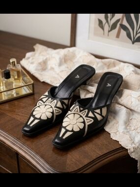 STRATEGIA  Black Leather Slip-On Kitten Heel Mules with Cream Leather Applique